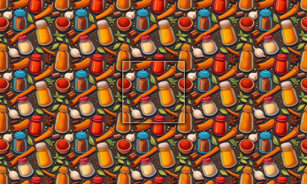 A collage of spices in various containers as a seamless tile