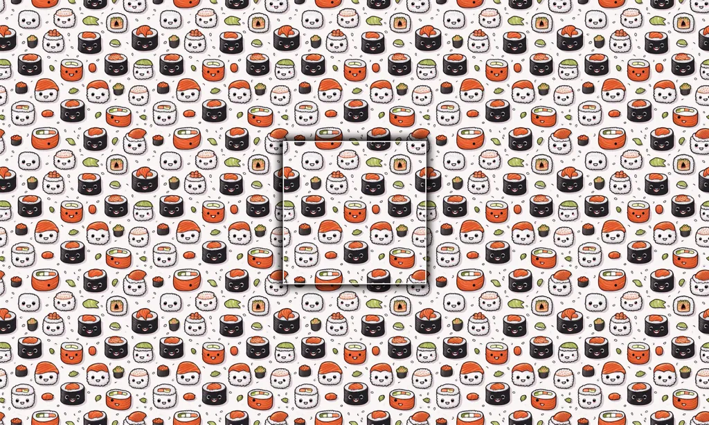 A background of various cute smiling sushi rolls