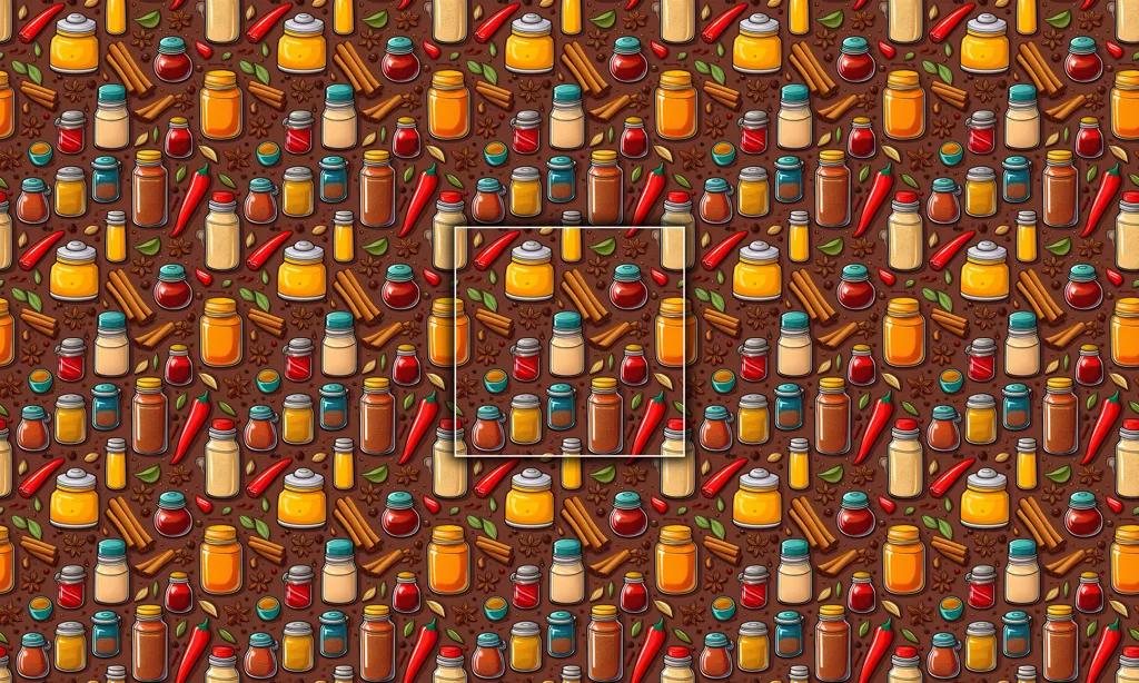 A collage of spices in various containers as a seamless tile
