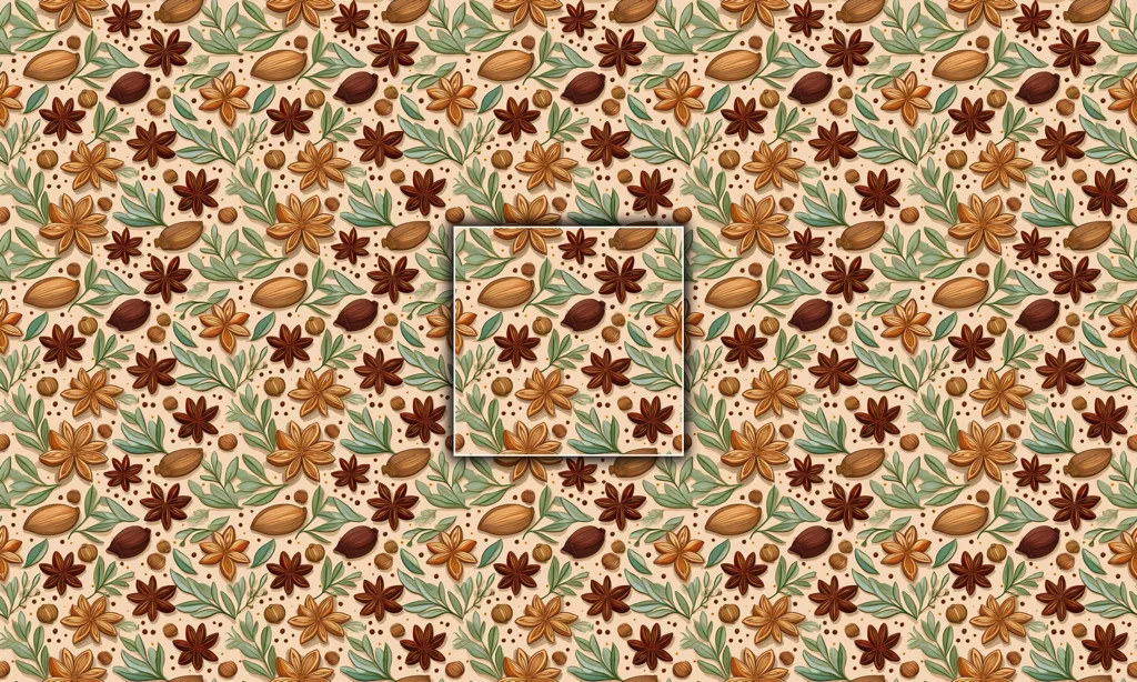 A illustrated background of various christmas spices as a seamless tile