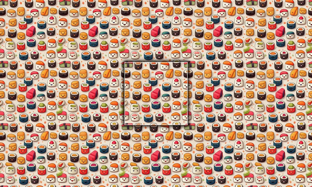A background of various cute smiling sushi rolls