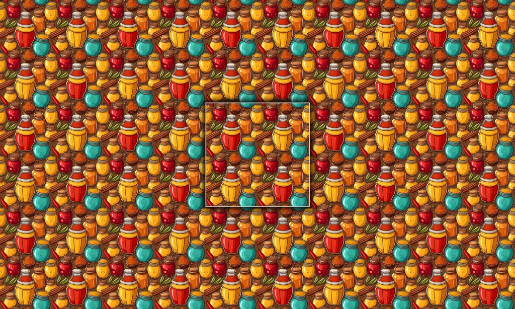 A collage of spices in various containers as a seamless tile