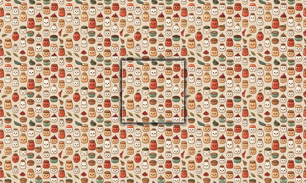 A cute collage of smiling spice jars and containers as a seamless tile