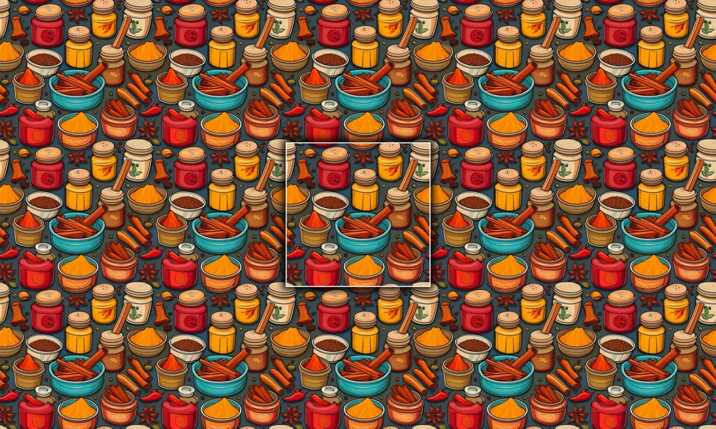 A collage of spices in various containers as a seamless tile