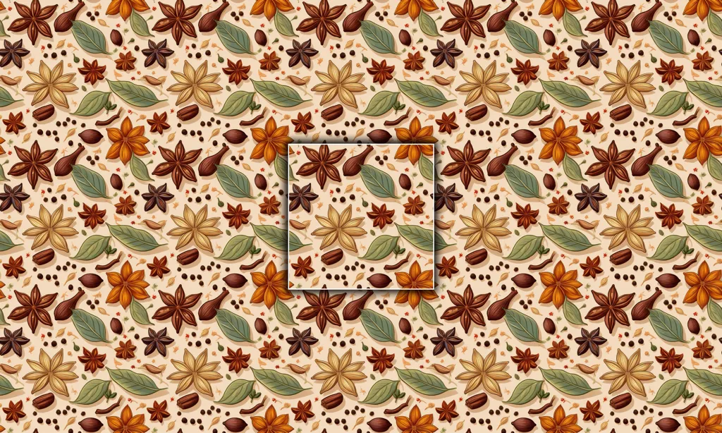 A illustrated background of various christmas spices as a seamless tile