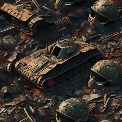 A seamless tile collage of war tanks and helmets in dirt