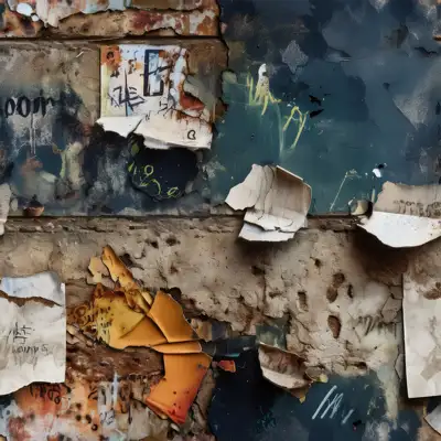 A seamless tile of war propaganda plastered on a brick wall