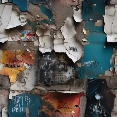 A seamless tile of war propaganda plastered on a brick wall