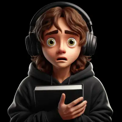 A scared young male teen wearing headphones holding a book clipped as a transparent image
