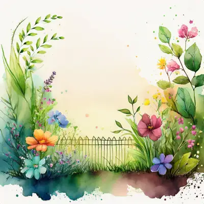 A watercolor painting depicts a tranquil garden scene with a rustic wooden fence partially obscuring a path leading into a lush, colorful wildflower meadow with copy space
