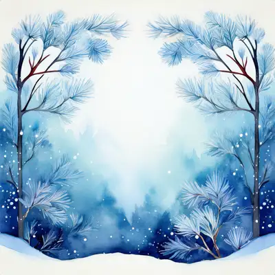 A winter forest scene of snow. Small, frosted bushes and branches are scattered across the snow with copy space.