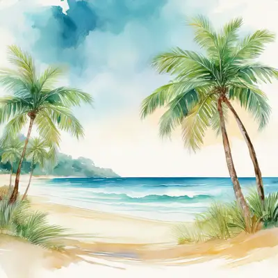 Tropical beach with waves and palm trees with copy space