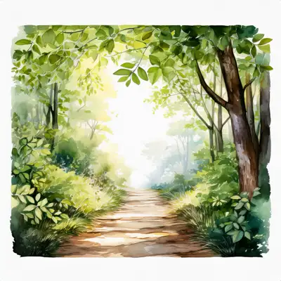 A watercolor painting depicts a pathway winding through a lush forest.