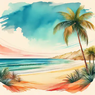 Tropical beach with waves and palm trees with copy space