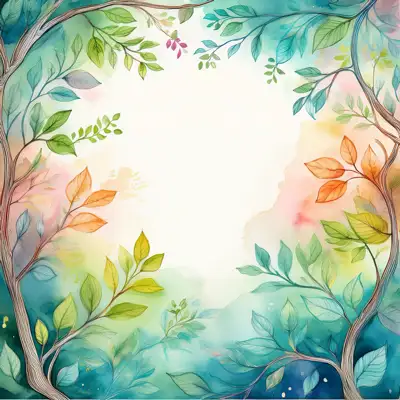 A watercolor-style illustration, featuring stylized tree branches and leaves in various shades of autumnal colors with copy space