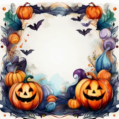 Halloween-themed illustration featuring smiling jack-o'-lanterns, friendly ghosts, and bats with copy space.