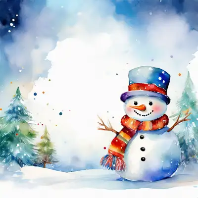 A watercolor painting depicting a cute snowman in winter scene with an assortment of seasonal elements with copy space