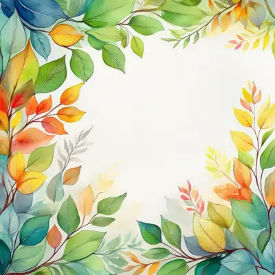 A watercolor-style illustration, featuring stylized tree branches and leaves in various shades of autumnal colors with copy space