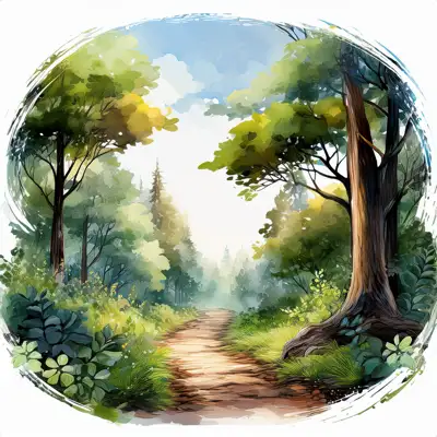 A watercolor painting depicts a pathway winding through a lush forest.