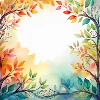 A watercolor-style illustration, featuring stylized tree branches and leaves in various shades of autumnal colors with copy space