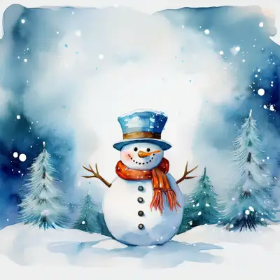 A watercolor painting depicting a cute snowman in winter scene with an assortment of seasonal elements with copy space