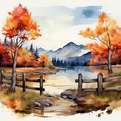 A serene watercolor painting depicts a tranquil autumnal lake scene nestled amidst colorful foliage and mountains, viewed from behind a rustic wooden fence with copy space
