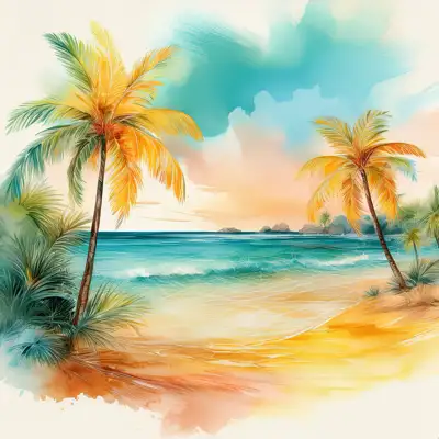 Tropical beach with waves and palm trees with copy space