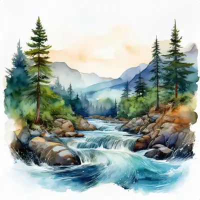 A serene watercolor painting depicts a meandering river flowing through a mountain valley at sunset, surrounded by lush evergreens and rocky banks