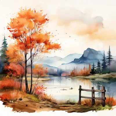 A serene watercolor painting depicts a tranquil autumnal lake scene nestled amidst colorful foliage and mountains, viewed from behind a rustic wooden fence with copy space