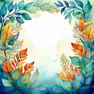 A watercolor-style illustration, featuring stylized tree branches and leaves in various shades of autumnal colors with copy space