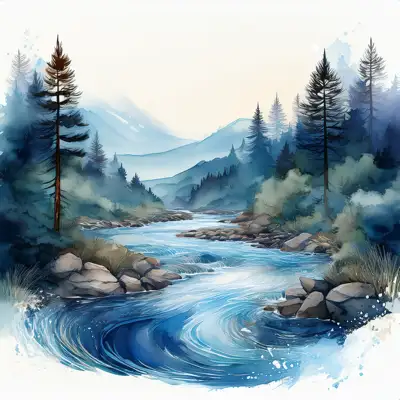 A serene watercolor painting depicts a meandering river flowing through a mountain valley at sunset, surrounded by lush evergreens and rocky banks