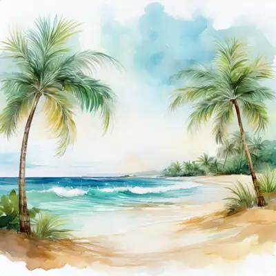 Tropical beach with waves and palm trees with copy space