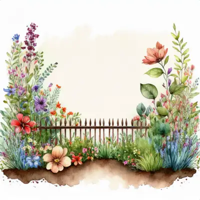 A watercolor painting depicts a tranquil garden scene with a rustic wooden fence partially obscuring a path leading into a lush, colorful wildflower meadow with copy space