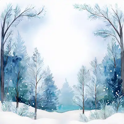 A winter forest scene of snow. Small, frosted bushes and branches are scattered across the snow with copy space.