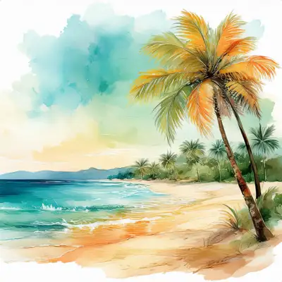 Tropical beach with waves and palm trees with copy space