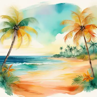 Tropical beach with waves and palm trees with copy space