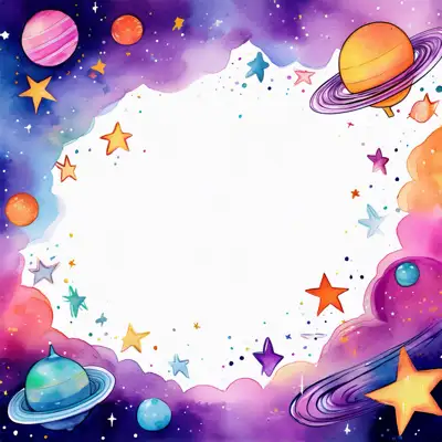 A whimsical watercolor painting depicts a colorful space scene with planets, stars, astronauts and a rocket and copy space