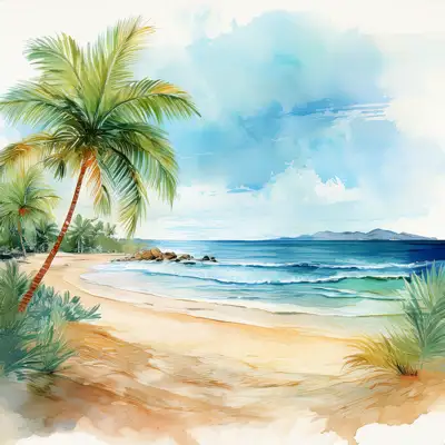 Tropical beach with waves and palm trees with copy space