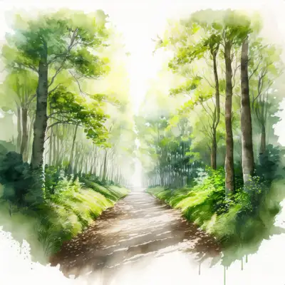 A watercolor painting depicts a pathway winding through a lush forest.