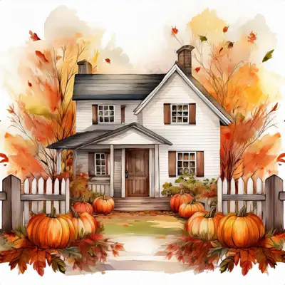 Farm house in autumn with pumpkins in front