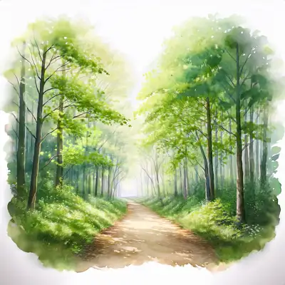 A watercolor painting depicts a pathway winding through a lush forest.