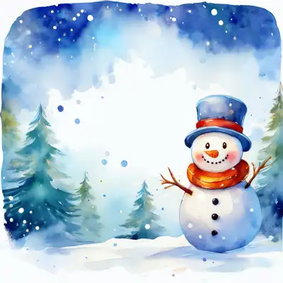A watercolor painting depicting a cute snowman in winter scene with an assortment of seasonal elements with copy space