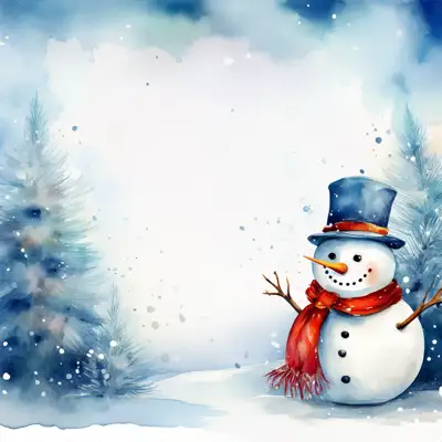 A watercolor painting depicting a cute snowman in winter scene with an assortment of seasonal elements with copy space