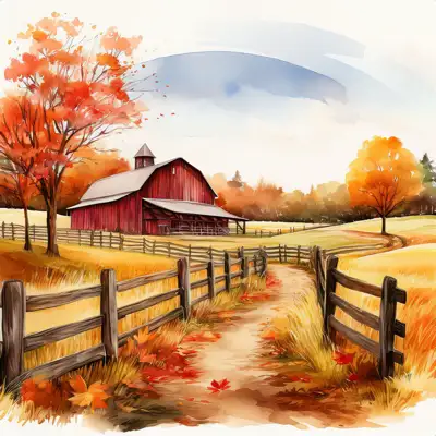 Rustic barn in autumn with a winding dirt road