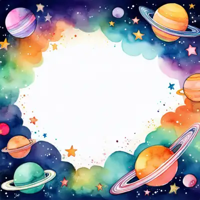 A whimsical watercolor painting depicts a colorful space scene with planets, stars, astronauts and a rocket and copy space