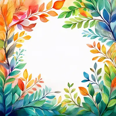 A watercolor-style illustration, featuring stylized tree branches and leaves in various shades of autumnal colors with copy space