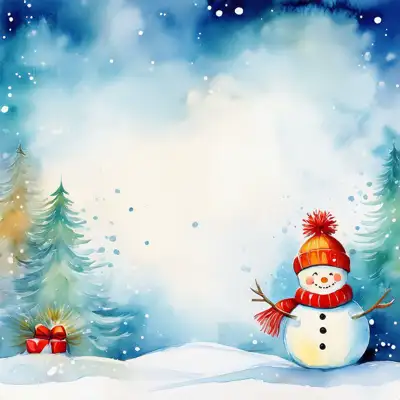 A watercolor painting depicting a cute snowman in winter scene with an assortment of seasonal elements with copy space