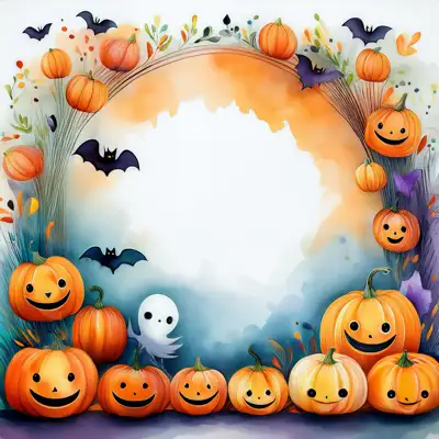 Halloween-themed illustration featuring smiling jack-o'-lanterns, friendly ghosts, and bats with copy space.