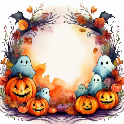 Halloween-themed illustration featuring smiling jack-o'-lanterns, friendly ghosts, and bats with copy space.