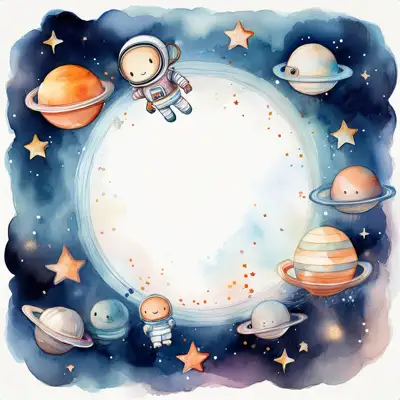 A whimsical watercolor painting depicts a colorful space scene with planets, stars, astronauts and a rocket and copy space